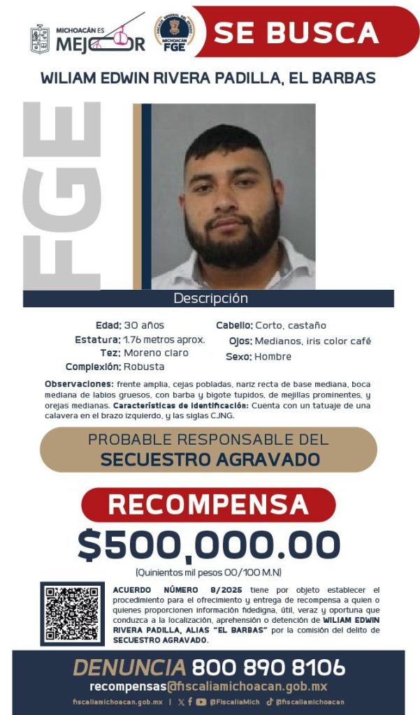 Publican cédula de recompensa para la detención de William Edwin Rivera Padilla, el Barbas 1 FGECedDetBar2