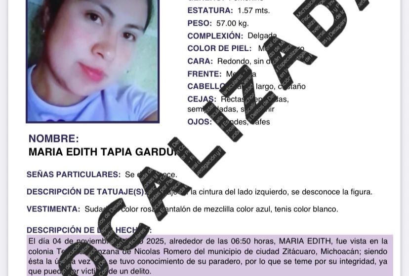  Concluye FGE búsqueda de mujer reportada desaparecida; fue localizada a salvo en Zitácuaro