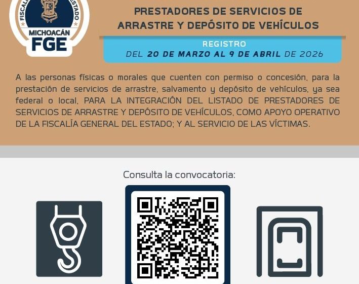  Emite Carlos Torres Piña convocatoria para integrar listado de prestadores de servicios de arrastre y depósito de vehículos, en apoyo a la FGE