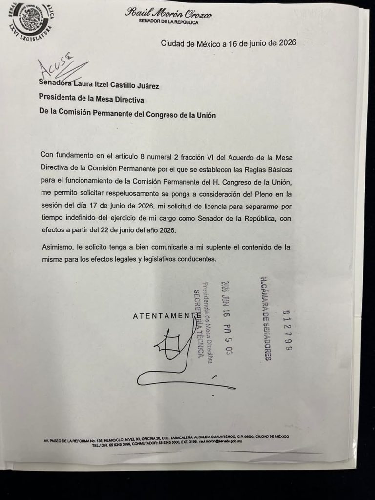 Morón muestra congruencia y solicita licencia indefinida a su cargo como senador 2 RM Licencia2